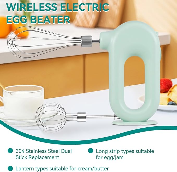 4 Speed Electric Hand Mixer, Electric Hand Mixer Whisk Wireless Rechargeable Handheld Egg Beater Adjustable Cordless Electric Whisk Hand Mixer 1500mAh Small Portable Handheld Mixer (Green)