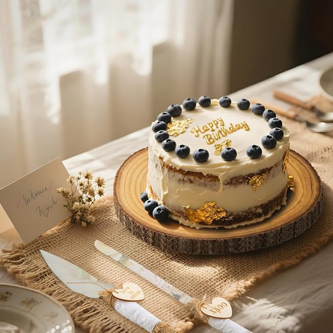 11.5"-12.5" Wood Cake Stand with Cake Cutting Set (Knife and Server) - Rustic Wooden Cake Holder for Decorating, Party, Wedding, Baby Showers, Reception, Event - Ideal Baking Gift & Home Decor