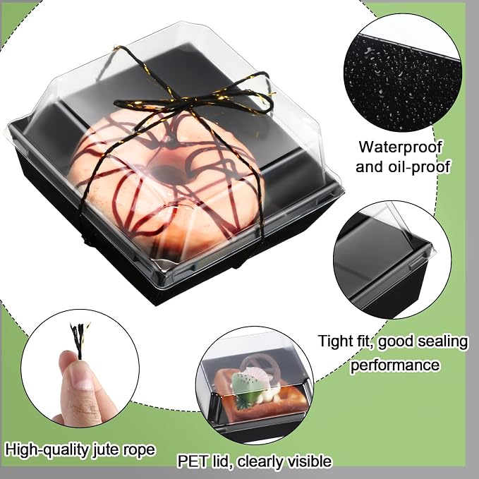Jetec 150 Pack Charcuterie Boxes with Clear Lids and Rope 4 Inches Cake Disposable Square Dessert Food Box Containers with Lids for Bakery Macaron Cookies Strawberries Fruits Display (Black)