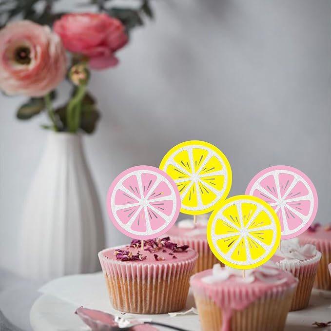 Rsstarxi 24 Pack Lemon Cupcake Toppers Glitter Fruit Theme Lemonade Cupcake Picks for Lemon Theme Baby Shower Boys Girls Birthday Main Squeeze Party Cake Decorations Supplies