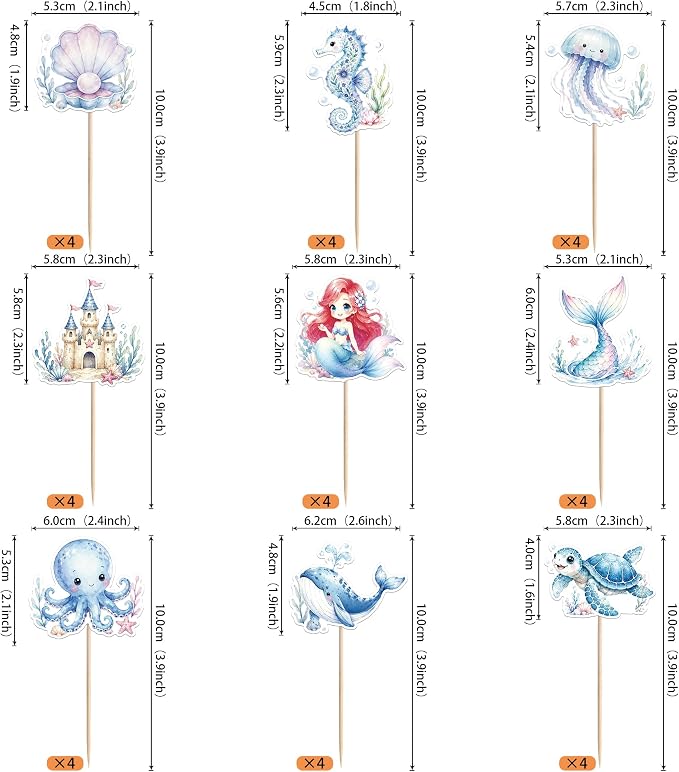 36 PCS Ocean Animal Cupcake Toppers Turtles Octopus Seahorse Seashell Mermaid Cupcake Picks Under the Sea Baby Shower Decorations for Under the Sea Theme Baby Shower Birthday Cake Decorations Supplies