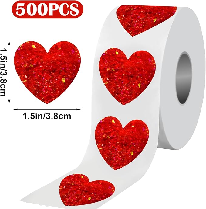 500 PCS 1.5Inch Red Heart Stickers, Love Shape Labels,Valentine's Day Self Adhesive Glitter Love Stickers for Mother’s Day, Envelopes, Wedding, Crafting, Scrapbooking, Gift, Award Charts