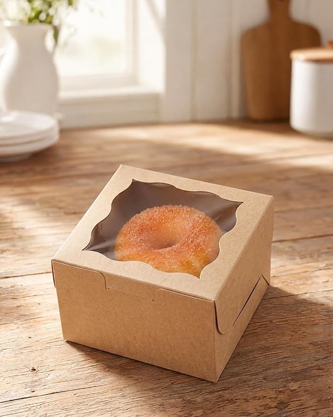 Bakepacker 400pcs Brown Bakery Boxes with Window 4"x 4"x 2.5" Thick & Cookie Boxes & Sturdy Macaroon Pastry