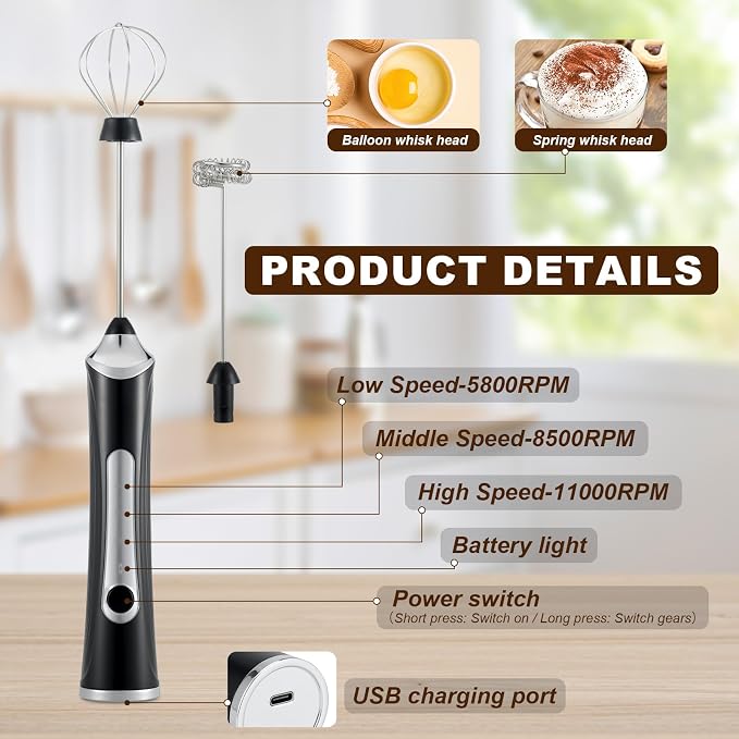 Handheld Electric Milk Frother with 2 Heads, Coffee Whisk Foam Mixer with USB Rechargeable 3 Speeds, Foam Maker Blender for Latte, Cappuccino, Hot Chocolate, Egg (Type 7)