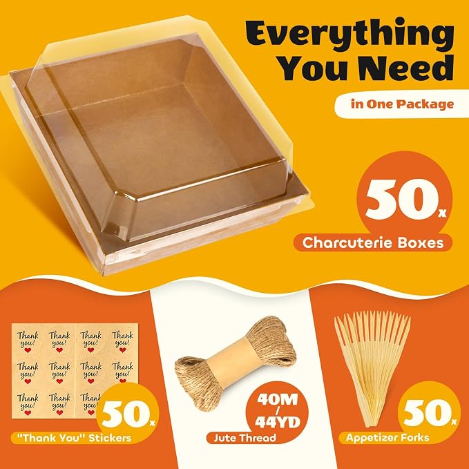 50Pcs Small Kraft Charcuterie Boxes with Clear Lids - Paper Mini Appetizer Plates for Sandwich, Cookie, Sushi, Cake Slice, and Strawberries