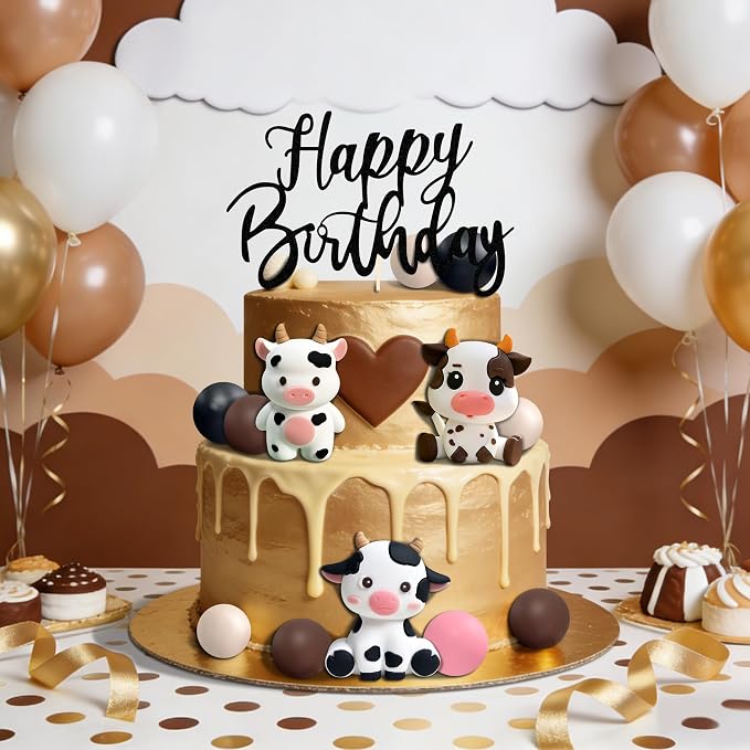 Cow Cake Topper, Happy Birthday Cake Decoration with Farm Animal Theme (black)