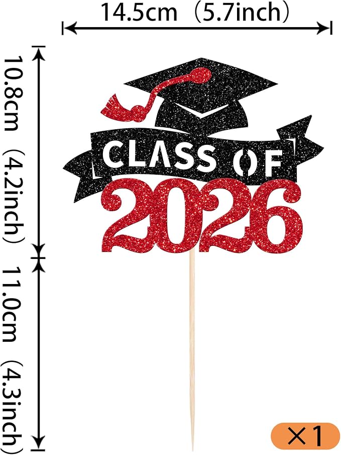 1 Pack Class of 2026 Cake Topper Glitter Congrats Grad Cap 2026 Graduation Cake Pick for 2026 Graduation Theme High School Boys Girls Graduate Party Cake Decorations Supplies Red Black