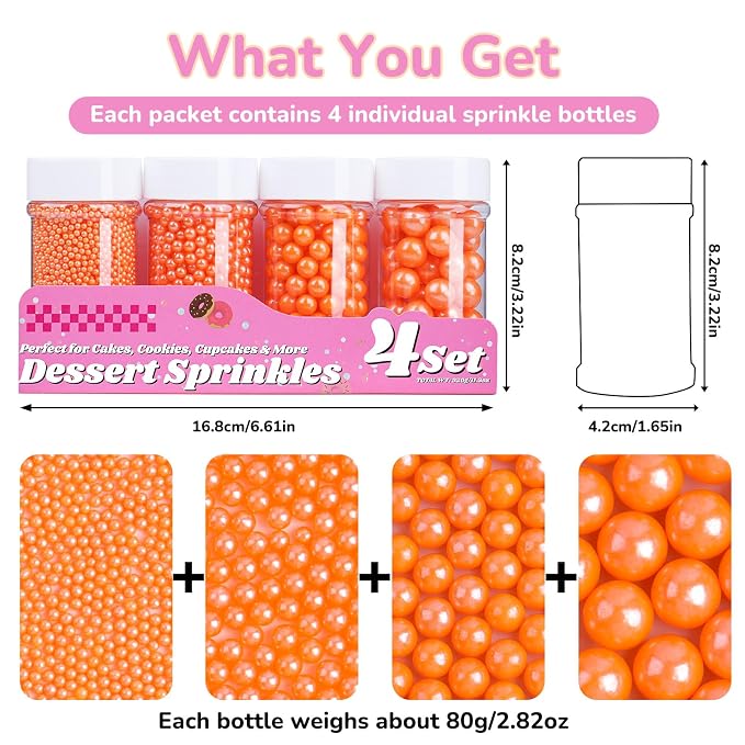 Orange Pearl Sprinkles for Cake Decorating, 11.3oz/320g Edible Pearls Sugar 4 Jars Set for Baking Cupcakes Cookies