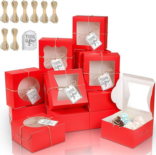 KPOSIYA 65PCS Bakery Boxes with Window 6x6x3 Inches 5 Style Cookie Boxes Small Pastry Boxes for Candy, Dessert, Pastry, Donuts, Birthday Party, Wedding(Red)