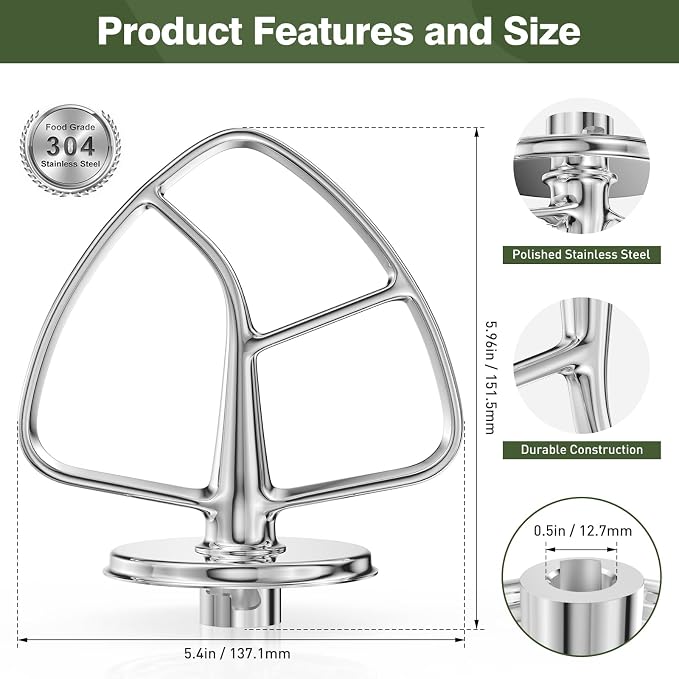 K45B Stainless Steel Flat Beater for KitchenAid Stand Mixer, Kitchen Aid Paddle Attachment Accessories, Fits 4.5-5 Quart Models, Polished, Dishwasher Safe