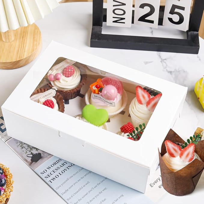 NPLUX 6 Pack Cupcake Boxes with Inserts 6 Holders, White Standard Bakery Boxes with Window Food Grade Cupcake Containers 6 Count for Muffins