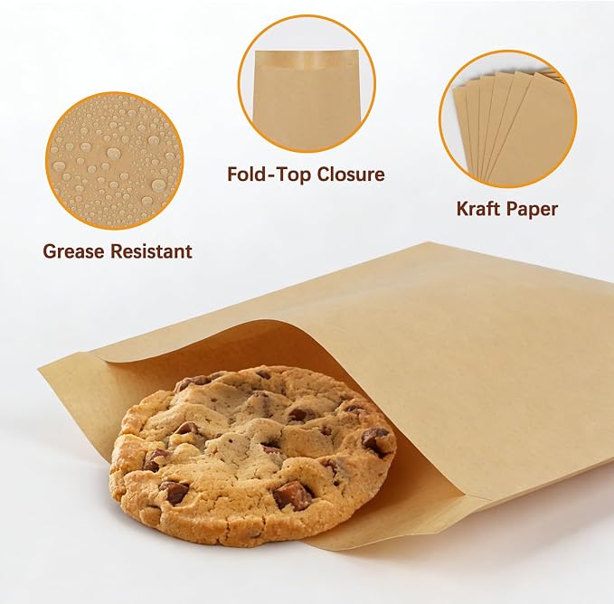 300 Pack Paper Cookies Bags with Seal Stickers, 5x6 Inch Grease Resistant Cookie Sleeves Small Brown Bakery Bags for Packaging Donuts, Brownies, Treats, Snacks, Baked Goods