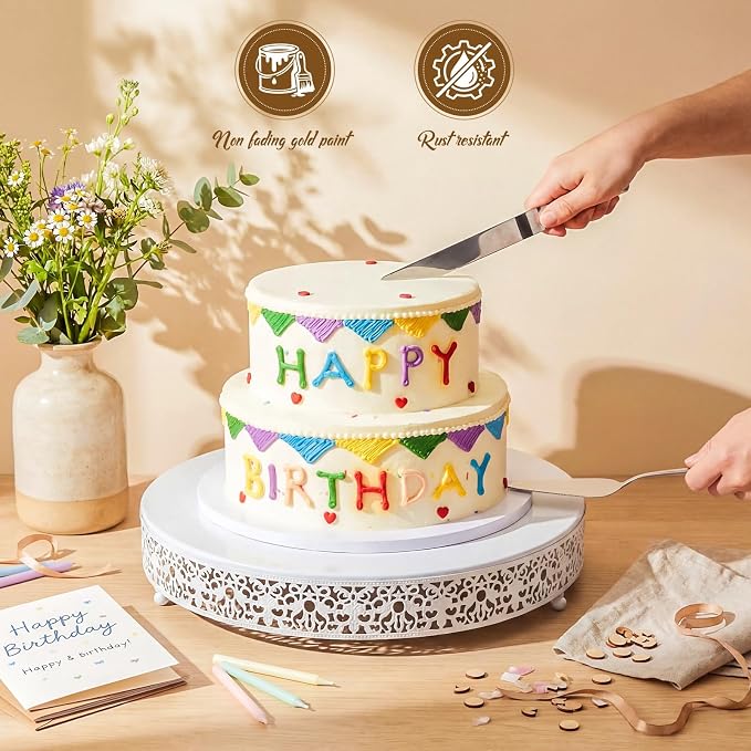 Wenqik 16 Inch White Cake Stand Set Metal Round Cupcake Dessert Stand with Cake Cutting, Spatula Wedding Cupcake Pastry Display Candy Holder Display for Wedding Party Birthday Baby Shower(Classic)