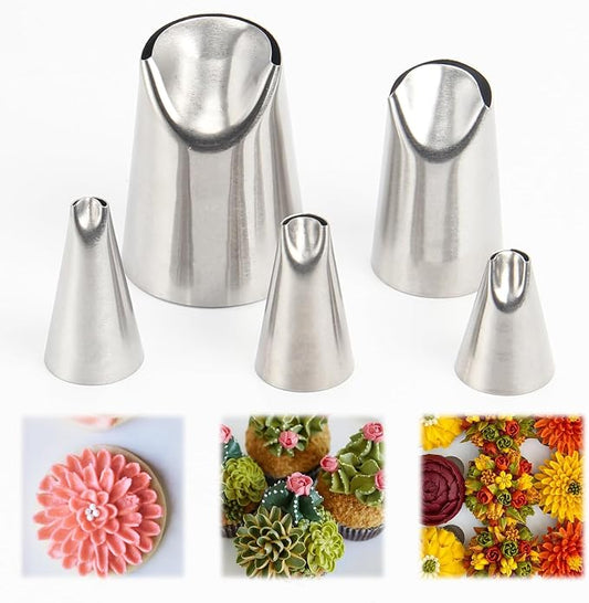 Flower Piping Tip Set, 5-Piece Stainless Steel Chrysanthemum and Tulip Korean Style Nozzles – Buttercream Bean Paste Frosting Icing Tips for Cake Decoration Cupcakes Cookies Baking Tools