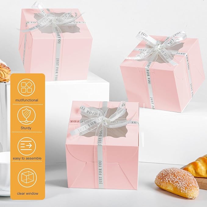 JCD 48PCS 6x6x5 Inches Cake Boxes,(24 Boxes &24 Boards) Pink Bakery Boxes with Window for Pastries,Cake Containers with Ribbon for Christmas Wedding Birthday Party (Pink/6 * 6 * 5inch/24pcs)