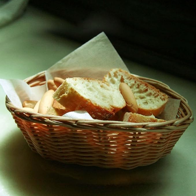 SINJEUN 15 Pack Wicker Bread Basket, Handwoven Oval Plastic Basket, Woven Tabletop Fruit Vegetables Food Serving Basket for Home, Kitchen, Restaurant, Light Brown