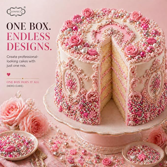 Handcrafted Pink Mini Roses, Silver Hearts, Vermicelli & White Pearls - Vegan, Gluten-Free, Nut-Free, Soy-Free, Dairy-Free Cake & Baking Sprinkles - Perfect for Anniversaries & Special Occasions - 5 Oz