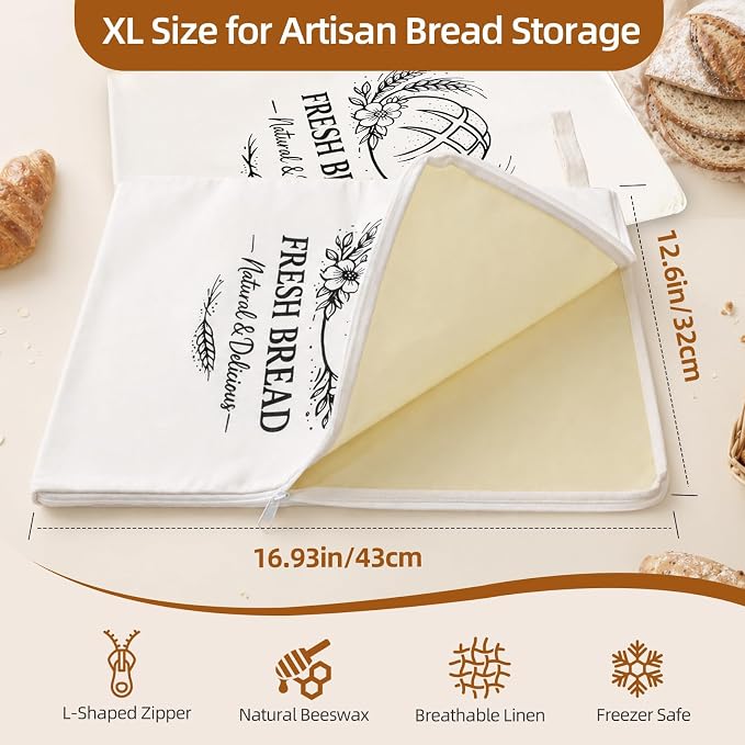 Beeswax Linen Bread Bags with L-Shaped Wide Zipper, 2 Pack XL | Reusable bread bags. Preserve freshness and texture of sourdough and artisan loaves. Ideal for daily homemade bread storage.