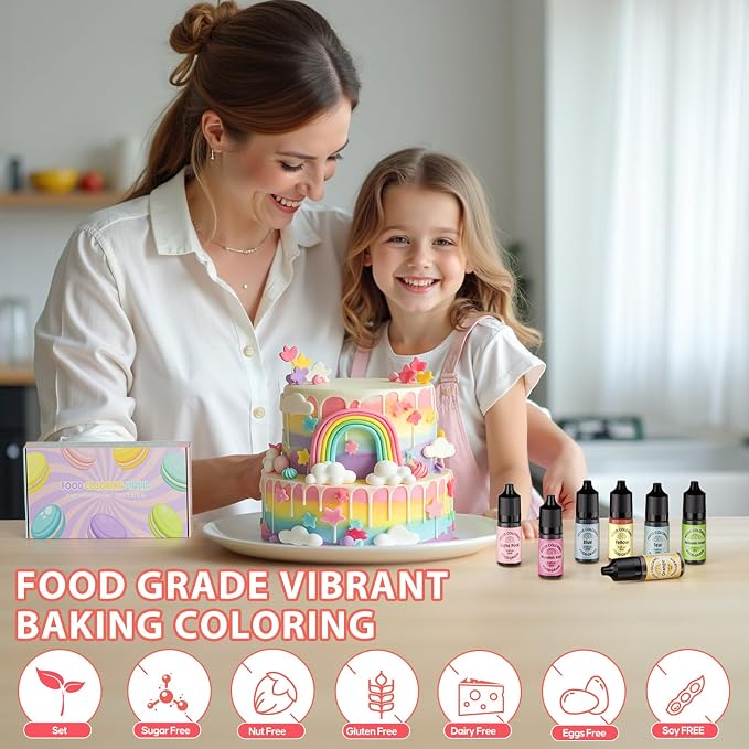 Cherrysea Food Coloring for Cake Decorating Macaron Edible Food Dye for Baking Royal Icing Cookie Supplies Gluten Free 7x12ml Food Grade Liquid Food Color Kits, 0.4 Fl. Oz/Bottles