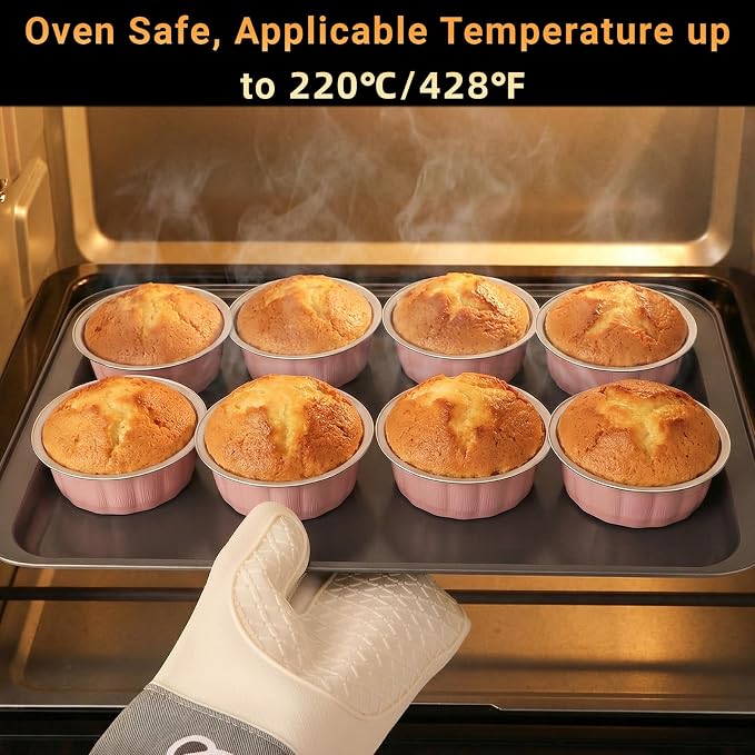 Beasea Disposable Ramekins with Lids, 50 Pack 8oz Aluminum Cups for Baking, Aluminum Foil Ramekins Creme Brulee Muffin Cupcake Mini Pudding Baking Cups for Party Wedding Birthday - Pastel Pink
