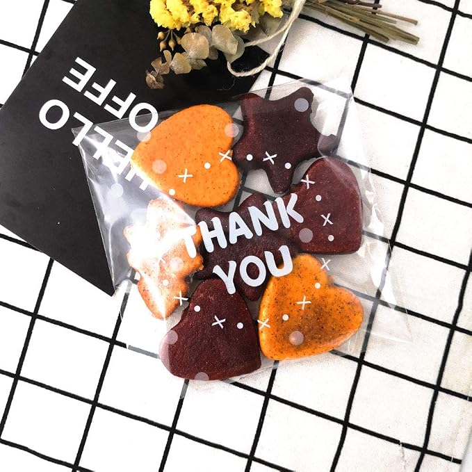 200pcs Clear Self-Adhesive Treat Bags – Cellophane Cookie & Candy Bags with “THANK YOU” Design for Bakery & Party Favors (5.5” x 5.5”)