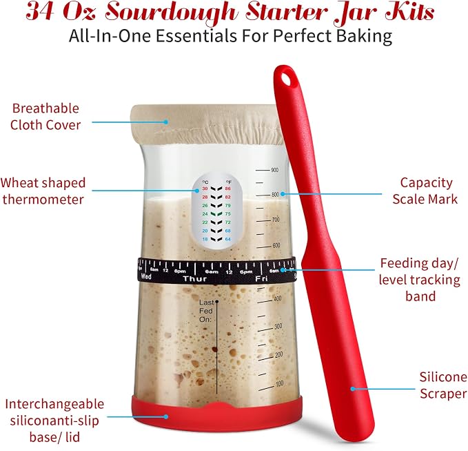 Sourdough Starter Kit,Gift for Bakers Sourdough Bread Baking Supplies,34oz Starter Jar, 2 Cotton Rope Proofing Baskets & More for Sourdough Starter Bread Making Baking Fermentation