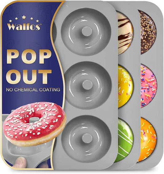 Walfos Donut Pan for Baking - Non-Stick Silicone Doughnut Pan Set, Silicone Donut Mold Heat Resistant, Make Perfect Donut Cake Biscuit Bagels, BPA FREE and Dishwasher Safe, Set of 3
