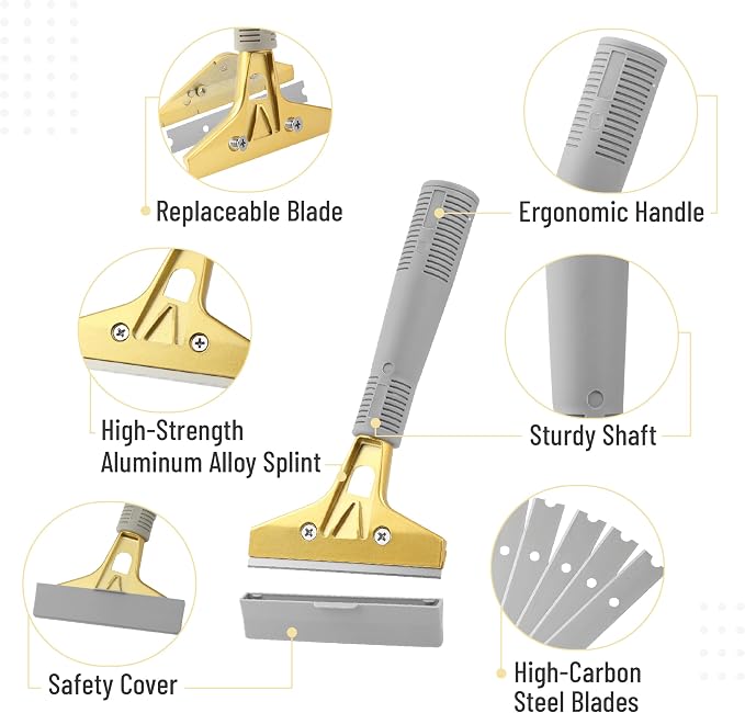 Bates- Razor Blade Scraper Tool, 4 Inch, Floor Razor Scraper Tool with 30 Extra Carbon Steel Blades and a Pair of Safety Gloves