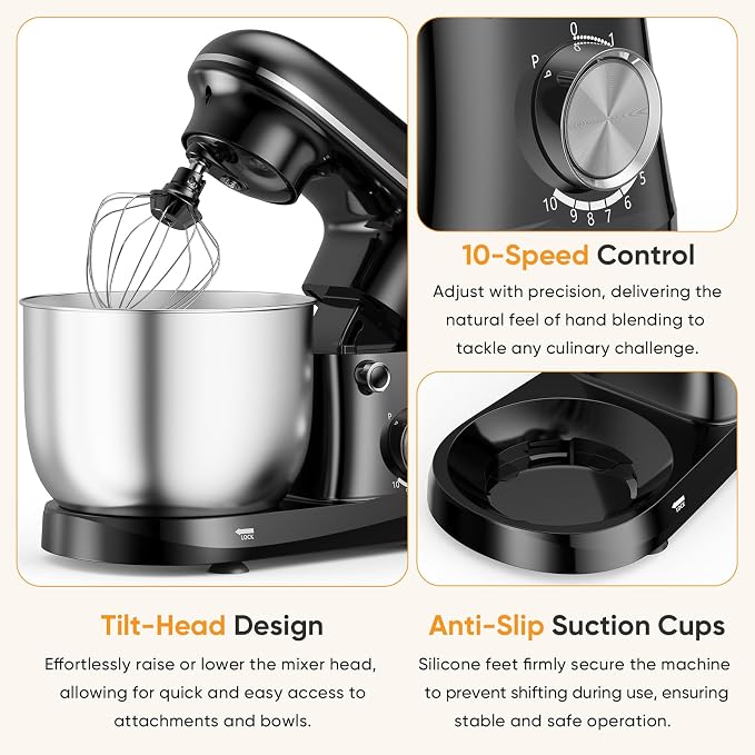 NEWBULIG Stand Mixer, Kitchen Aid Mixers Alternative, 300W 6.3Qt 10-Speed Electric Standing Mixer with Dough Hook, Whisk, Beater & Multi-Cover for Baking, Cakes and Home Cooking Needs
