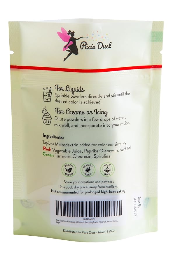 All Natural Red and Dark Green Food Coloring Powders Set | Perfect for cake decorating, cookie Frosting, Icing & Drinks | Dye Free, Plant-Based, Kosher, Flavorless | No Carmine, No Annatto | By Pixie Dust | 2 Jars (0.40 oz / 11g Each) 22gr Total