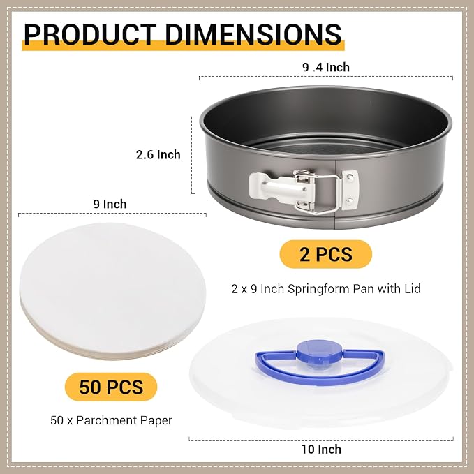 Springform Pan 9 Inch Nonstick for Cheesecake, 2 Pcs Cheesecake Pan with Lids & Removable Bottom, Gray Carbon Steel Cake Pan wth 50 Parchment Papers for Pie Cake Pizza