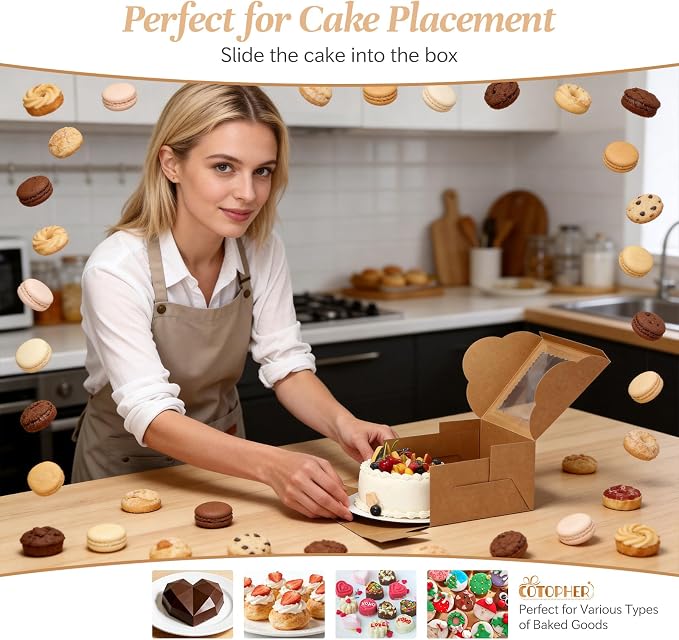 COTOPHER 50 Pcs Cake Boxes 8 Inch, 8x8x5 Inches Cake Containers (25 Boxes & 25 Boards), Brown Bakery Boxes with Windown for Cookies, Desserts, Cupcake, Pastries, Birthday, Wedding, Mother's Day