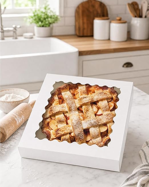 Bakepacker 120pcs White Pie Boxes 12"x 12"x 3" Easy Assemble Macaroon Cookie Boxes Bakery Boxes with Window for Bakery (Auto-pop Up)