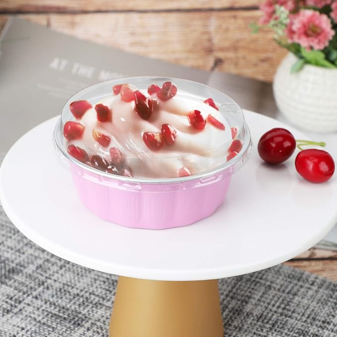 Beasea Disposable Ramekins with Lids Pink, 8oz 100 Pack Aluminum Cups for Baking, Aluminum Foil Cups Creme Brulee Muffin Cupcake Baking Cup Mini Pudding Cups for Party Wedding Birthday