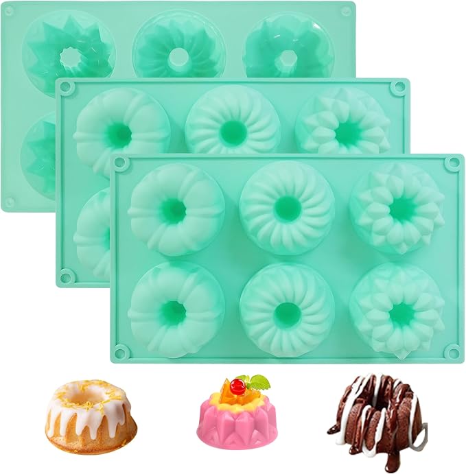 Zorazio 3Pcs Silicone Fluted Tube Cake Pan, Non-stick Mix Mini Baking Mold for Cupcake Cornbread Brownie Jello, 6-Cavity Fluted Tube Cake Pan
