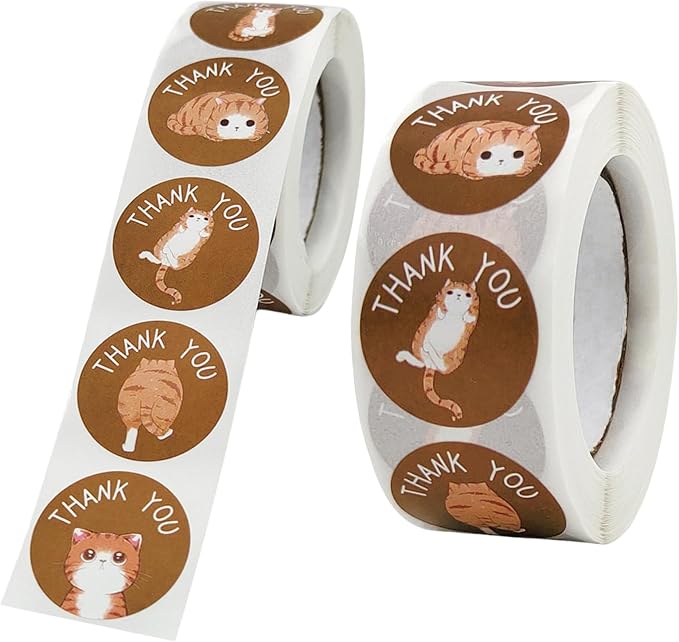 500PCS Kawaii Cat Thank You Stickers for Small Business Packaging Round Cartoon Cute 8 Styles 1 Inch Small Animal Adhesive Seal Labels Roll for Greeting Cards Envelopes, Holiday Cards(Brown cat)