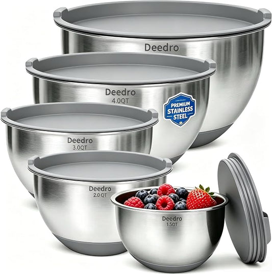 Deedro Mixing Bowls with Airtight Lids, 22Pcs Stainless Steel Mixing Bowls Set Nesting Bowls with Non-Slip Silicone Base, thicker Metal Bowls for Baking & Prepping, 1.5/2/3/4/5 QT, Gray