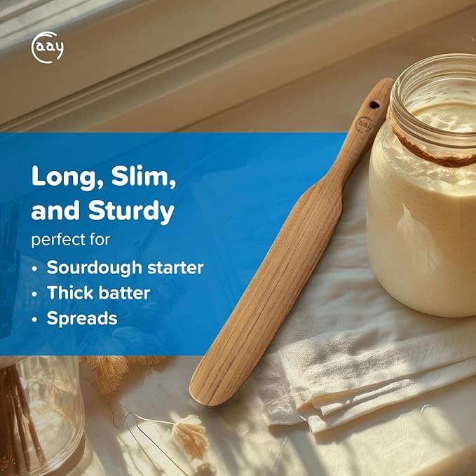FAAY Teak Wooden Skinny Spurtle Spatula for Sourdough Starter & Jars | Slim angled tip reaches jar bottoms and pan corners; ergonomic teak handle, no lacquer, coconut oil finish, nonstick-safe.