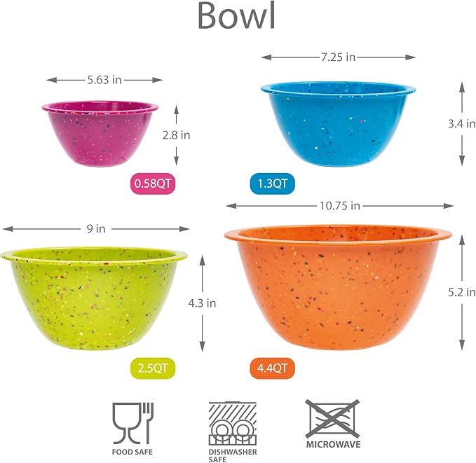 bzyoo Confetti Nesting Mixing Bowls Set - 4-Piece Colorful Kitchen Bowls (18oz, 1.25QT, 2.5QT, 4QT) - BPA-Free, Dishwasher Safe, Space-Saving Design Vibrant Color