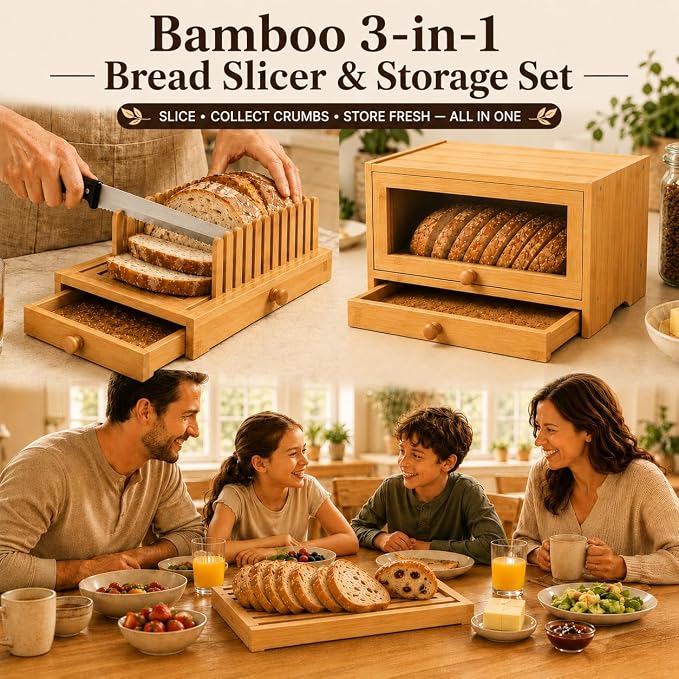 3in1 Bread Slicer for Homemade Bread - Adjustable Width Bamboo Bread Cutter with Storage Box, Bread Box with Cutting Board Crumb Tray, Bread Storage Container for Kitchen Countertop, Sourdough Baking