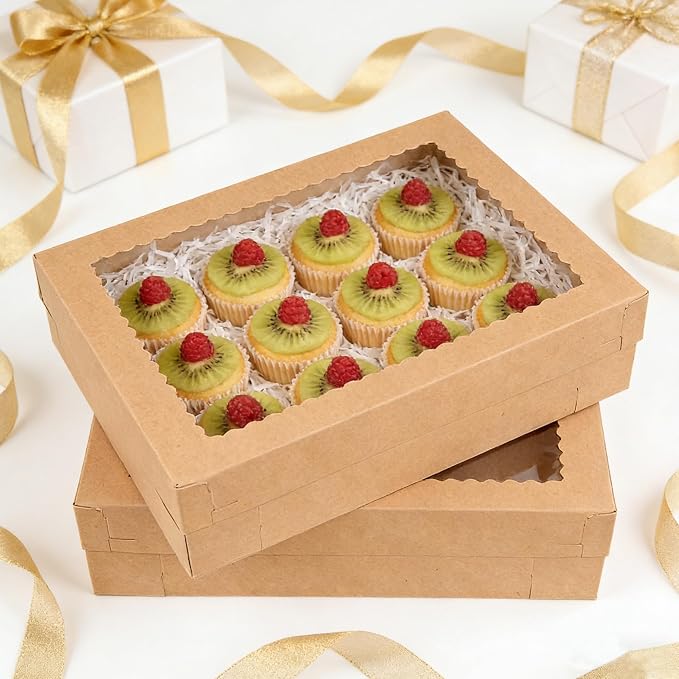 MUMULULU 12PCS Kraft Large Cake Box 16x11x4 Inch Rectangular Cake Box with Window Disposable Bakery Boxes for Donuts Cookies Cupcakes Pastry Pie Packaging Perfect for Weddings Birthdays and Parties