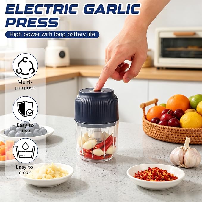 Portable Cordless Electric Garlic Chopper, 400ML Mini Rechargeable Food Processor with 6 Stainless Steel Blades, Small Vegetable Onion Mincer for Salad Fruit Baby Food Prep (Blue)