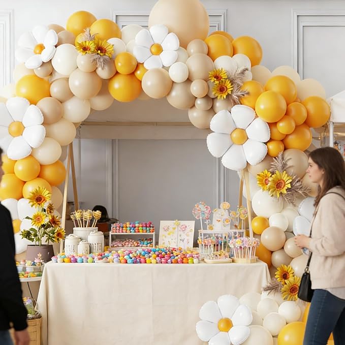 Bee Balloon Garland Arch Kit 141pcs Brown Mustard Yellow White Balloons with Flower Daisy Mylar Balloon for A Little Honey is on the Way Theme Party Decoration (Yellow White)