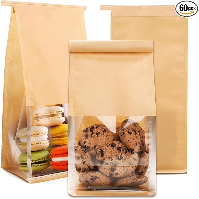 60 Pcs Small Bakery Bags with Window, 3.9x5.1x11.2 Inches Ties Lock Cookie Packaging Bag Resealable Paper Treat Bags for Homemade Breads, Popcorn, Candies,Treats, Snacks, Baked Goods Packaging