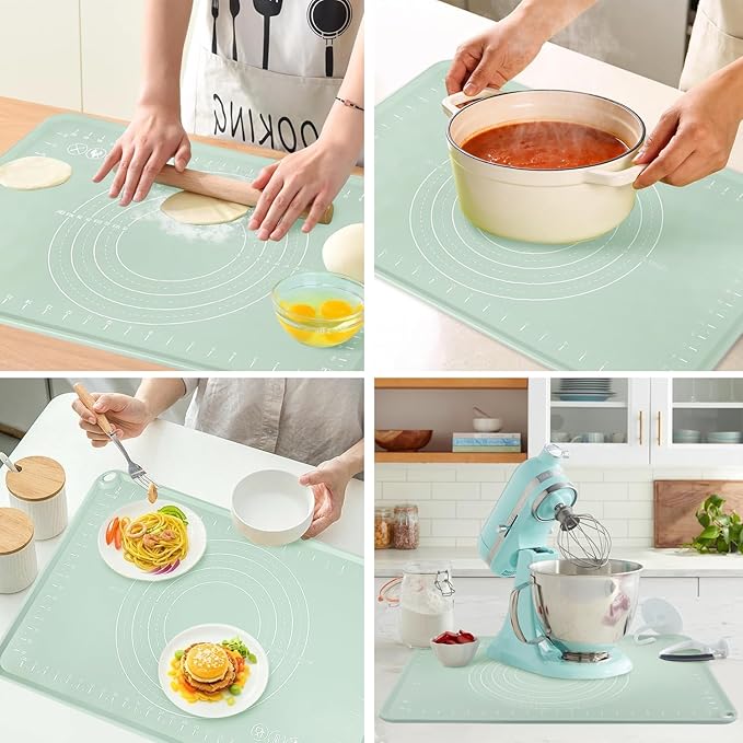 Silicone Pastry Mat, Non Slip Dough Mat with Measurements and Raised Edges, Food Grade Silicone Countertop Baking Mat for Rolling Dough, Kneading Bread, Cookies, Pizza, Pie Crust