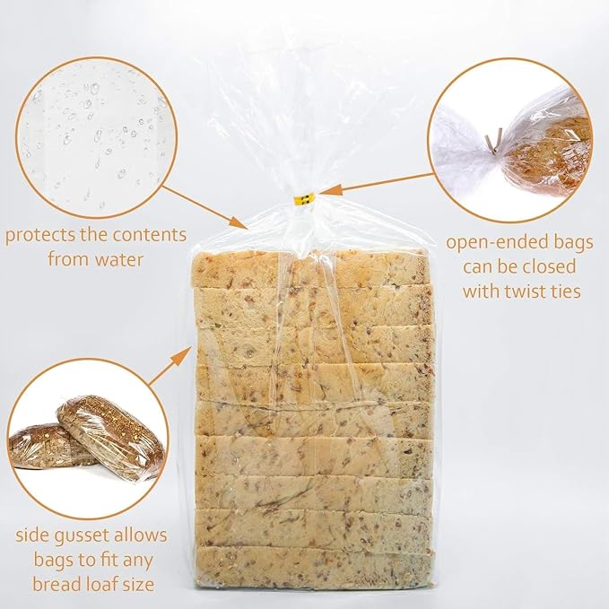 Small Bread Poly Bags,100 Pcs 14x3x5 Inches Bread Loaf Packing Bags with 100 Twist Ties,Clear Thick Gusseted Grocery Bakery Bag (Small-5x3x14)