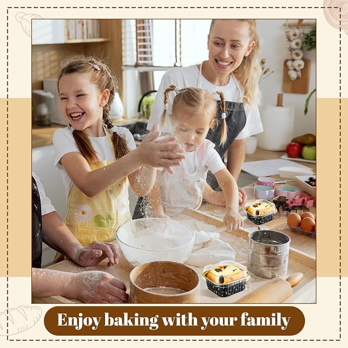 200 Pack 5 oz Mini Cake Pans with Lid, Aluminum Foil Mini Baking Tins, Square Disposable Cupcake Baking Cup Dessert Container for Wedding Birthday Party Picnic(Black,Stylish)