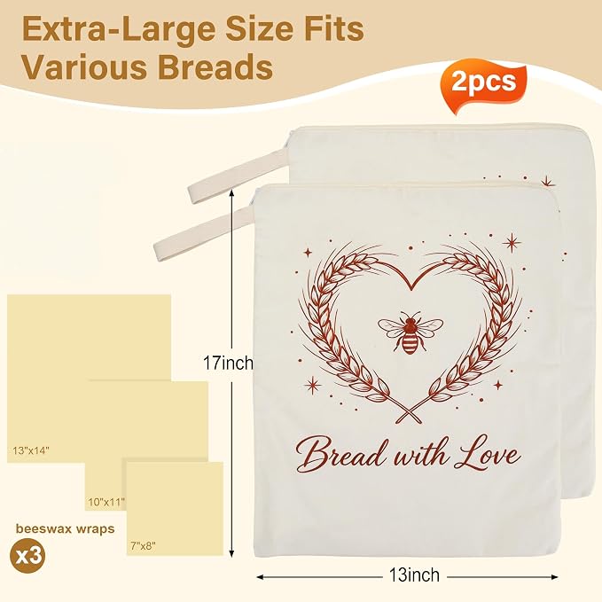 2-Pack Beeswax Bread Bags & 3 Wraps for Sourdough & Homemade – L-Zipper | Natural cotton, 17x13 in bag with wide L-zipper. Includes 3 wraps S/M/L. Reusable, freezer safe, washable, keeps bread fresh.
