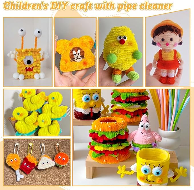 AHAMETON 620Pcs Golden Orange Pipe Cleaner Flower Kit, 6 Colors Bulk Pipe Cleaners Craft Supplies with Wire, Stamens, Ribbon, Tapes, Card, DIY Flower Making for Gifts Home Decor, Party & School Crafts