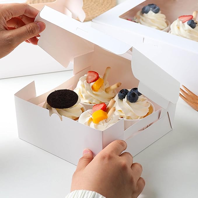 MUMULULU 14 PCS White Paper Cupcake Boxes with 4 Cavity Cookie Gift Boxes with Clear Window 4 Treat Holder Cupcake Containers Bakery Cake Box for Birthday Party Bakery Supplies